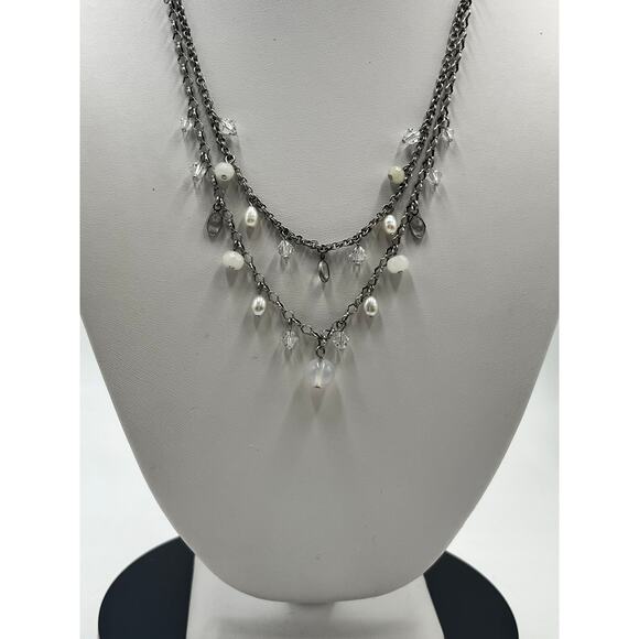 Liz Palacios Two Layered Pearl Crystal Necklace Swarovski USA Designer Vintage - Picture 2 of 9